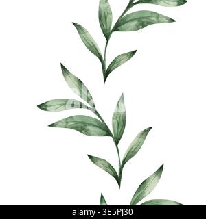 Motif aquarelle vertical sans couture avec des feuilles botaniques vertes et des branches de feuillage, parfait pour les bordures sur le thème de la nature, une marque écologique et des designs de papier peint élégants. Fond blanc Banque D'Images