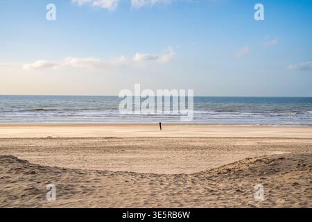Vaste étendue de sable sur la plage de Koksijde, Belgique. Les dunes de sable au premier plan encadrent une figure solitaire au bord de la mer du Nord sous un ciel bleu brumeux. Serene an Banque D'Images