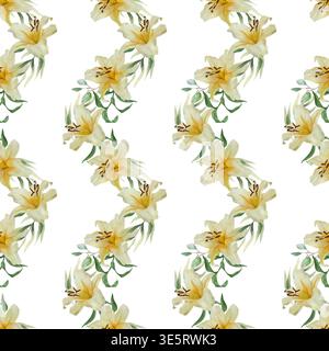 Motif sans couture de lys blancs en forme de vague. Illustration à l'aquarelle dessinée à la main de délicates fleurs pastel, isolées. Convient pour la conception textile Banque D'Images