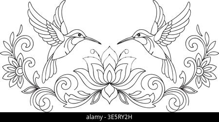 Deux élégants colibris face à face, centrés autour d'une belle fleur de lotus et de volutes florales complexes dans un design artistique symétrique. Illustration de Vecteur