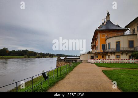 DAS Wasserpalais von Schloss Pillnitz in Dresde : Blick entlang der Elbmauer auf die barocke Architektur und das Elbufer BEI Bewölkung Banque D'Images