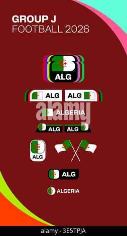 Drapeau de l'équipe nationale algérienne de football représentant le groupe J dans le tournoi 2026 avec des éléments de marquage dynamique, prêt pour les annonces de match. FO Illustration de Vecteur