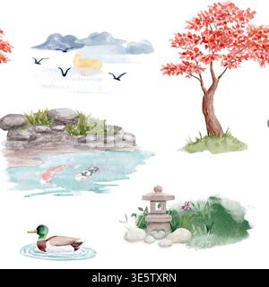 Modèle sans couture d'arbre d'automne avec ciel, nuages et oiseaux, illustration d'aquarelle peinte à la main sur fond blanc. Nature botanique répéter la conception pour Banque D'Images