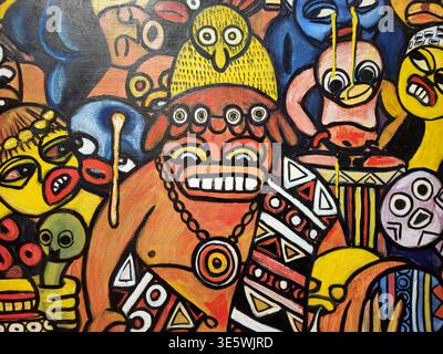 Stockholm, Suède, 11 janvier 2026. Exposition d'art africain. Masques, tambours et visages abstraits dans le style Bold Folk Art Banque D'Images