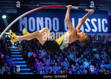 Uppsala, Suède 12 mars 2026 : STOCKHOLM, SUÈDE - 12 MARS : Sam Kendricks des États-Unis lors de la compétition Mondo Classic à l'IFU Arena le 12 mars à Uppsala, Suède. (Philip Kangas / SPP) Banque D'Images