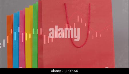 Montrant un sac rouge avec poignée tressée sur fond gris, une superposition de graphique de stock, des sacs ventilés brillants à gauche Banque D'Images