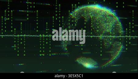 Globe à nuage de points pulsé émettant des flux binaires verts, forme d'onde centrale dans le cyberespace, espace de copie Banque D'Images