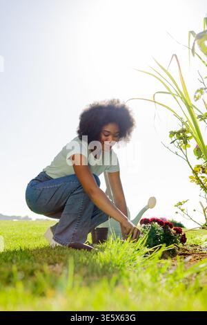 Femme accroupie, plantant des fleurs rouges dans le patch sur la pelouse, portant un tee-shirt vert, arrosoir à proximité Banque D'Images