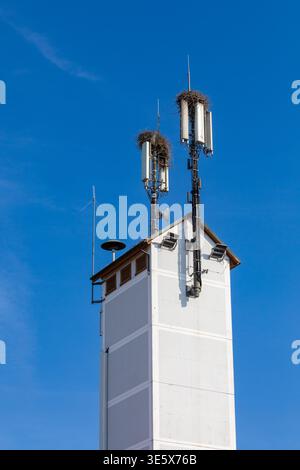 Tour cellulaire avec nid de cigogne sur une tour en Allemagne Banque D'Images