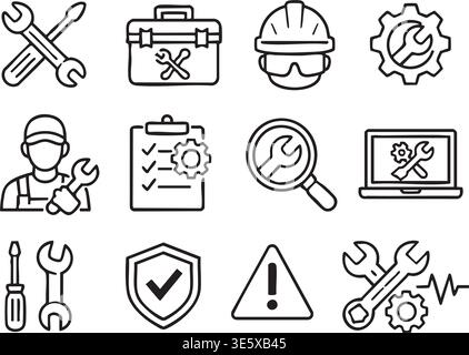 Ligne professionnelle icône set réparation technologie d'entretien créativité outils de service d'affaires équipement éléments de conception Web numérique Illustration de Vecteur
