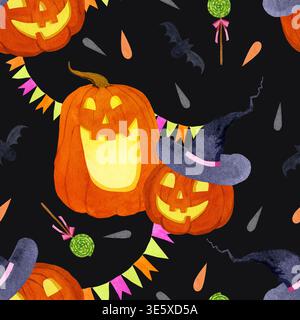 Aquarelle sans couture motif Halloween avec citrouilles luisantes effrayantes Banque D'Images