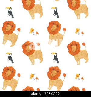 Motif aquarelle sans couture avec lions et toucans Banque D'Images