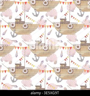 Motif aquarelle sans couture avec un navire et des coquilles Banque D'Images