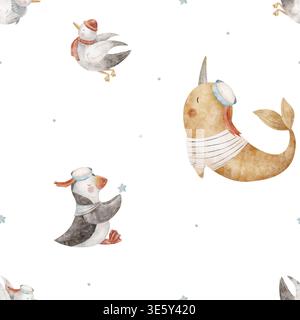 Motif animal marin, narval, mouettes d'oiseaux, macareux en costume marin. Illustration d'aquarelle dessinée à la main dans le style des enfants. Impression isolée Banque D'Images