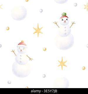 Bonhommes de neige de bande dessinée avec des chapeaux verts rouges avec des étoiles jaunes et des boules de neige motif sans couture d'aquarelle sur blanc. Personnages drôles d'hiver dessinés à la main en simple Banque D'Images