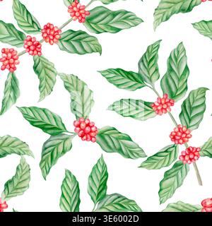 Motif sans couture de café aquarelle avec des feuilles vertes et des baies rouges. Fond botanique dessiné à la main de branches de café pour tissu, papier peint, emballage Banque D'Images
