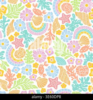 Motif marin pastel sans couture dessiné à la main avec des coquillages, des coraux, des fleurs, des crabes et des étoiles, fond boho sur le thème de l'océan ludique avec un bleu rose doux et Illustration de Vecteur