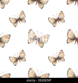Motif aquarelle sans couture avec des papillons beiges. Illustration dessinée à la main d'insectes tropicaux dans un style simple et coloré pour la conception de tissu et prin Banque D'Images
