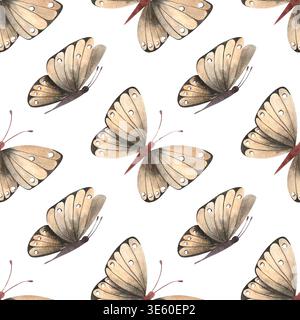 Motif aquarelle sans couture avec des papillons beiges avec des ailes pliées. Illustration dessinée à la main d'insectes tropicaux dans un style simple et coloré pour fabr Banque D'Images