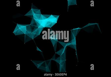 La structure cristalline géométrique cyan abstraite sur fond noir rend 3D. Banque D'Images