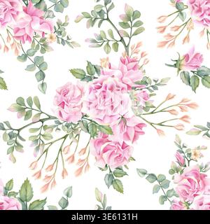 Motif floral d'été aquarelle sans couture, rose rose délicate et freesia avec verdure. Fleurs fraîches. Couleur pastel botanique belle illustration Banque D'Images