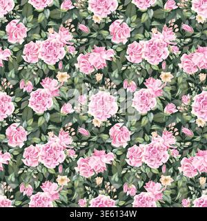 Motif sans couture de fleurs roses d'aquarelle sur fond vert foncé. Fleurs délicates ornées de fleurs. Ressort botanique peint à la main illustration pour Banque D'Images