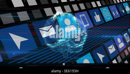 Cerveau holographique recevant le flux de données des icônes d'applications mobiles, acheminant les signaux via l'interface ai Banque D'Images