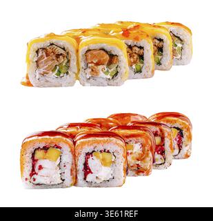 Nourriture, les rouleaux de sushi avec des garnitures colorées sont agencés avec art sur une assiette blanche, mettant en valeur une variété de textures et de saveurs Banque D'Images