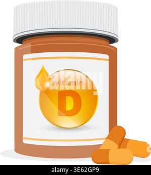 Illustration vectorielle d'une bouteille de pilule ambre avec des capsules de vitamine d pour la santé, l'immunité et le soutien de la force osseuse. Illustration de Vecteur