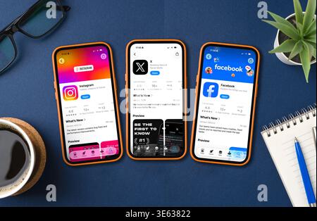 Antalya, Turquie - 4 avril 2026 : smartphones affichant les applications Instagram, X ( Twitter ) et Facebook sur l'interface de l'App Store Banque D'Images