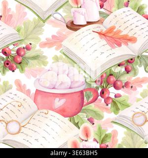 Motif aquarelle sans couture avec des livres, des tasses de cacao et des baies d'automne. Fond de lecture de hygge confortable. Illustration de Cottagecore Banque D'Images