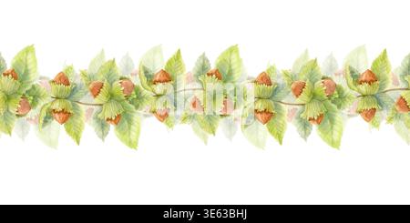 Aquarelle bordure de noisette sans couture avec des feuilles vertes. Guirlande botanique d'automne. Illustration d'ornement décoratif de forêt naturelle Banque D'Images