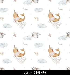 Motif narval baleine, mouettes marins dans les nuages, senne, algues, coraux. Illustration aquarelle oiseau de poisson dessiné à la main dans le style nautique des enfants Banque D'Images