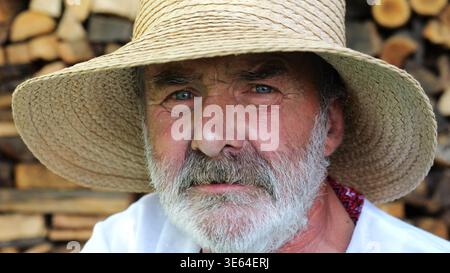 Portrait de l'homme ukrainien senior en chapeau de paille sur fond de bois. Homme sérieux âgé portant une chemise brodée regardant dedans Banque D'Images