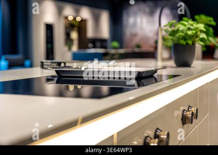 Table de cuisson à induction moderne sur comptoir blanc. Design de cuisine élégant avec éclairage. Banque D'Images