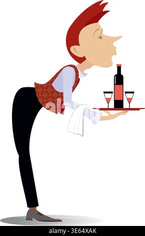 Le serveur tient un plateau avec une boisson alcoolisée et des verres. Le jeune homme porte un plateau avec une bouteille et deux verres Illustration de Vecteur