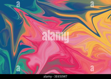 Une texture de marbre liquide abstraite vibrante et audacieuse avec des couleurs tourbillonnantes de bleu, rose, jaune et vert, créant un design dynamique et fluide. Banque D'Images