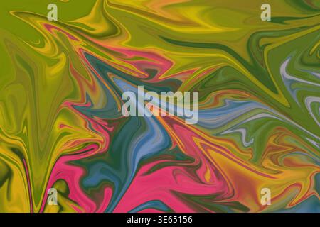 Un fond abstrait dynamique avec des tourbillons fluides ressemblant à du marbre de vert, rose, bleu et jaune éclatant, créant une touche artistique audacieuse et énergique Banque D'Images