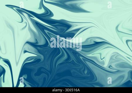 Un design d'art fluide abstrait vibrant avec des motifs tourbillonnants de bleu profond et de vert menthe clair, créant un effet liquide dynamique et ondulé. Banque D'Images