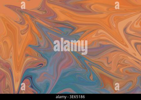 Une texture abstraite fluide dynamique et colorée avec des vagues audacieuses et fluides d'orange vif et de bleu profond, créant un effet marbré saisissant. Banque D'Images