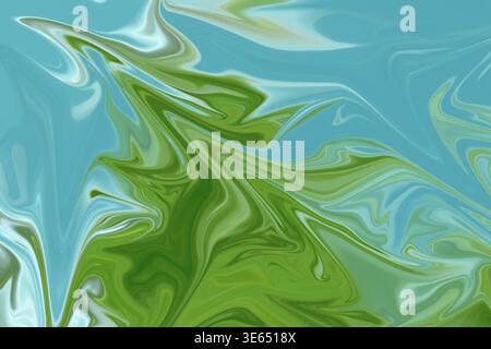 Un fond abstrait fluide et marbré avec des motifs tourbillonnants dynamiques de vert éclatant et de bleu vif, créant un effet artistique liquide. Banque D'Images