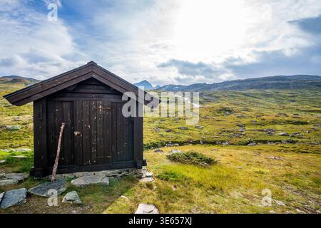 Une petite cabane en bois sombre est isolée sur le plateau norvégien de Sognefjellet. En arrière-plan, un ruisseau coule à travers la toundra verte et la colline rocheuse Banque D'Images