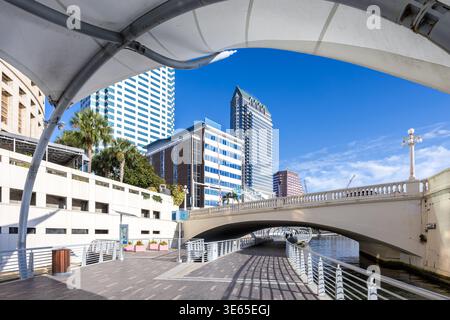 Tampa Riverwalk à Hillsborough River Water skyline avec gratte-ciel dans le centre-ville de Tampa, États-Unis Banque D'Images