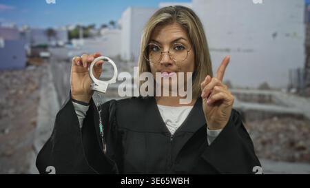 Juge portant une robe noire tient fermement les menottes métalliques et pointe le doigt vers le haut dans un bâtiment massif ; autorité. Banque D'Images