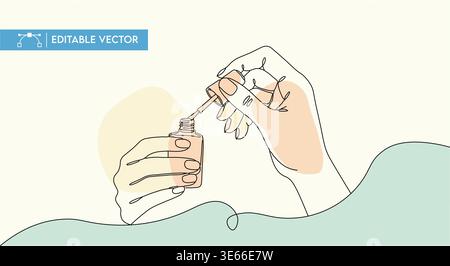 Les mains tenant une petite bouteille de vernis à ongles et une brosse démontrent les soins de salon de beauté dans cette illustration de conception graphique vectorielle minimaliste en ligne continue. Illustration de Vecteur
