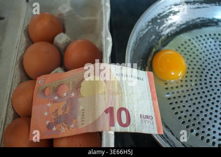Image conceptuelle montrant le passage des matières premières à un repas, juxtaposé à un billet de 10 euros. Représente la métaphore de l'œuf d'or Banque D'Images