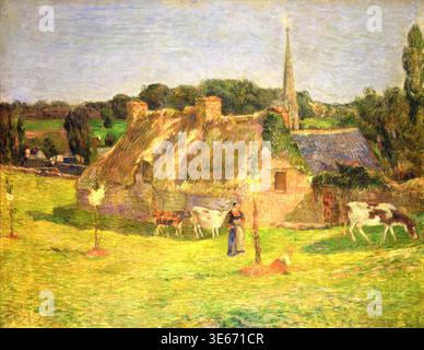 Paul Gauguin – le champ de Lollichon et l’église de Pont-Aven, 1886 : paysage breton post-impressionniste français Banque D'Images
