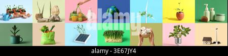 Collage pour le concept d'écologie sur fond coloré Banque D'Images