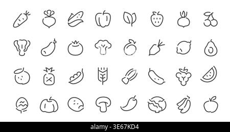 Ensemble d'icônes minimalistes de ligne de fruits et légumes. Symboles de collection d'aliments sains dessinés à la main Illustration de Vecteur