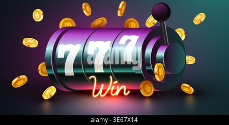 Machine à sous jackpot montrant triple sept avec des pièces d'or volantes et un signe de gain brillant sur fond sombre. Illustration vectorielle. Illustration de Vecteur